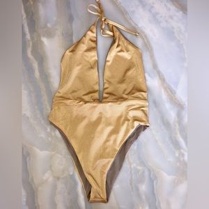 Gold plunge cheeky one piece women’s swimsuit — NWT